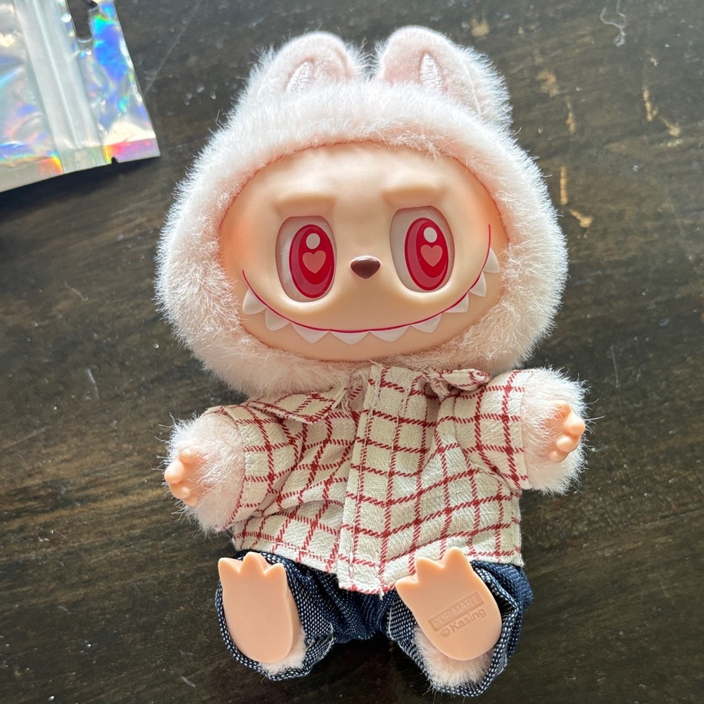 Pink Fuzzy Monster Doll with Checked Shirt- clothing only